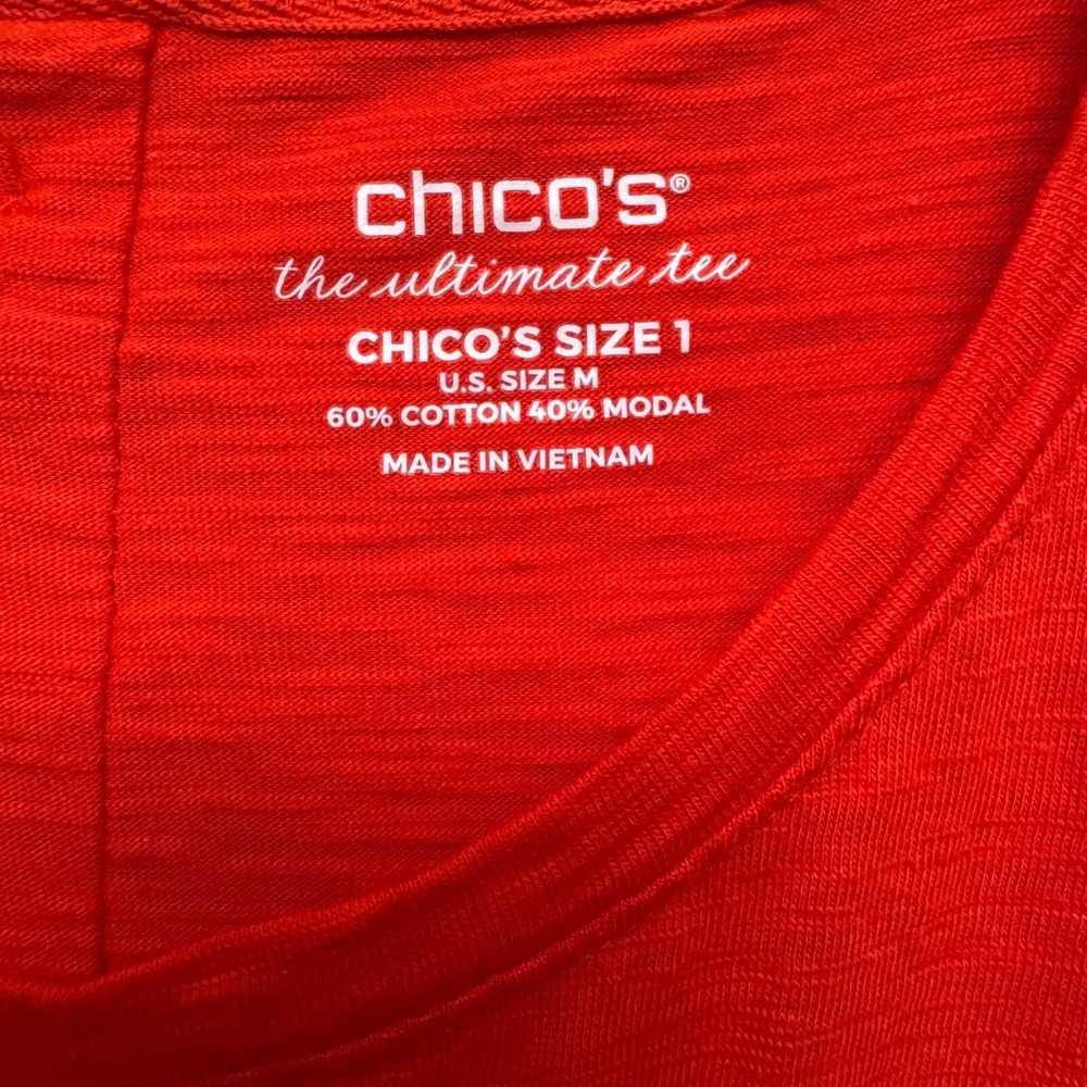 Chicos Womens Top 3/4 Sleeve Button Back Orange Red Cotton‎ Blend Size M - Picture 2 of 8